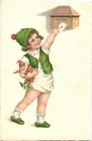 Child with post box and doll, Erika 6247. litho (EB)