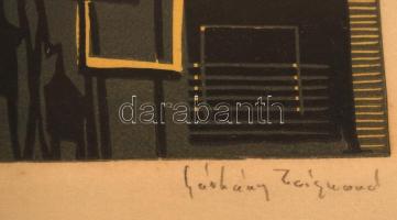 Sárkány Zsigmond (?-): Ablakok. Linómetszet, papír, jelzett, üvegezett keretben, 28×20 cm