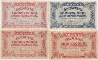 1946. 10db-os vegyes magyar adópengő bankjegy tétel, közte fordított címeres, sorozat- és sorszám né...