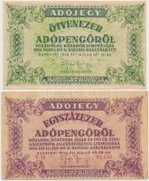 1946. 10db-os vegyes magyar adópengő bankjegy tétel, közte fordított címeres, sorozat- és sorszám né...