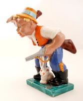 Komlós vadász fiú a nyúllal, kézzel festett mázas kerámia, jelzett, hibátlan, m:22 cm