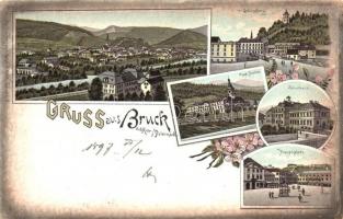 1897 Bruck an der Mur, Schlossberg, Pius Institut, Schulhaus, Hauptplatz / castle, school, main square, floral litho