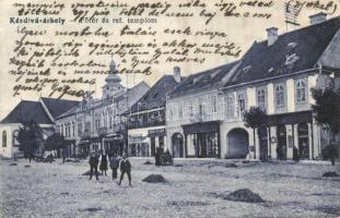 Kézdivásárhely, Főtér és református templom, üzletek / main square, calvinist church, shops