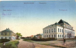 Marchegg, Hauptplatz, Bezirkgericht, Nagls Gasthaus / main squra, district courthouse, inn (worn edg...