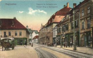 Nagyszeben, Nagypiac és Sarkantyú utca, üzletek / Grosser Ring und Sporegasse / Street with tramway and automobile