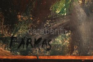 Farkas jelzéssel: Terasz. Olaj, karton, sérült, üvegezett keretben, 23×31 cm