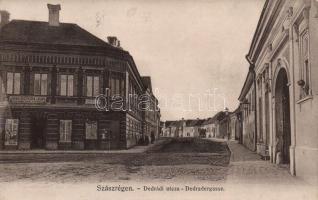 Szászrégen, Reghin; Dedrádi utca, Joh. Schon Jun. cipészmester és Csenger Anna fodrász üzletei / street with shops