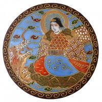 Díszes, keleti motívumos japán bonbonier, kézzel festett, jelzett, apró kopásnyomokkal, d: 10 cm