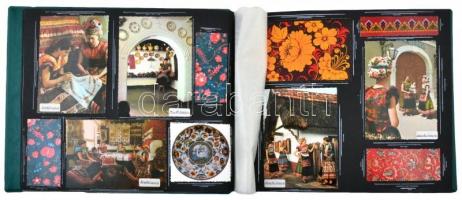 ~107 db MODERN, színes, motívum képeslap és újságkivágások, zöld színű albumba ragasztva, folklór mo...