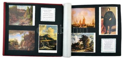 ~140 db MODERN, színes, motívum képeslap és újságkivágások, piros színű albumba ragasztva, művészeti...