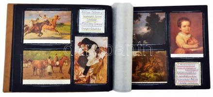 ~144 db MODERN, színes, motívum képeslap, krém színű albumba ragasztva, magyar művészeti alkotások, ...