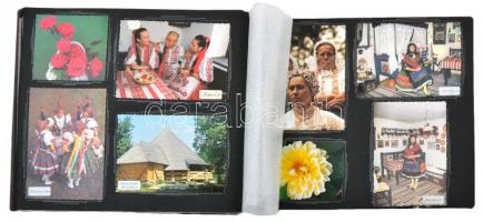 ~140 db MODERN, színes, motívum képeslap, barna színű albumba ragasztva, nagyrészt magyar folklór, n...