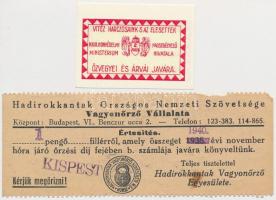 Budapest ~1914-1919. 2f "M. Kir. Honvédelmi Minisztérium Hadsegélyező Hivatala", "Özvegyei és Árvái Javára" + Kispest 1940. "Hadirokkantak Országos Nemzeti Szövetsége Vagyonőrző Vállalata" 1P értesítés T:I,I-