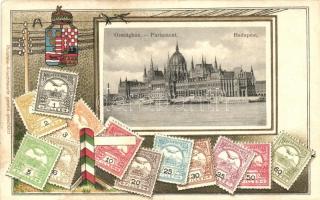 Budapest V. Országház, Philatelie-Ansichtskarte, bélyegek, címer, litho (ek)