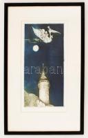 Floris András (1948 -): Holdfényben. Színezett akvatinta, papír, jelzett, üvegezett keretben, 31×16 cm