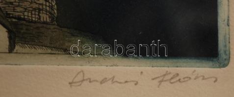 Floris András (1948 -): Holdfényben. Színezett akvatinta, papír, jelzett, üvegezett keretben, 31×16 ...