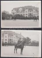 cca 1930-1940 Katonai díszszemle, 2 db fotó, az egyik hátterében egy Delka üzlet látható, 12x18 cm