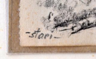 Sostarics Lajos (1896-1968): II. ker Tanácsház Budán, ceruza, papír, jelzett, kartonlapra ragasztva ...