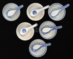 4+2 db kínai porcelán evőtálka, jelzettek, kopásnyomokkal, d: 11,5 cm + 4+2 db kínai porcelán kanál,...