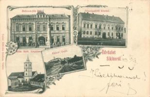 1899 Siklós, Belicsek-féle ház, Főszolgabírói hivatal, Római Katolikus templom, Városi fürdő, kiadja Feiler Miksa, floral (EK)