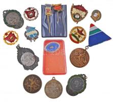 17db-os vegyes szocialista sportérem, jelvény, kitüntetés tétel, közte 1943. "Országos leventeverseny" Br érem (32mm), 1965. "Árvízvédelemért Érem" patinázott Br kitüntetés mellszalaggal T:2,2-