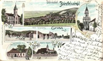 Bánfalva, Wandorf; Evangélikus népiskola, Fő tér, Kápolna, Katolikus népiskola, floral litho (b)