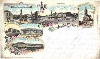 1898 Sopron, Oedenburg; Széchenyi szobor és tér, Grabenrude, Mihály templom, Deák tér, Győri vasútállomás, Lahne intézet, floral, Art Nouveau, litho; Karl Schwidernoch (vágott / cut)