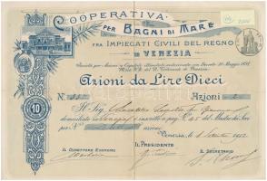 Olaszország / Velence 1912. "Bagni di Mare Szövetkezet" részvény 10L-ról T:III- ragasztott Italy / Venice 1912. "Cooperativa per Bagni di Mare" share about 10 Lire C:VG taped