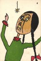 Screaming girl with spider, humour, artist signed
