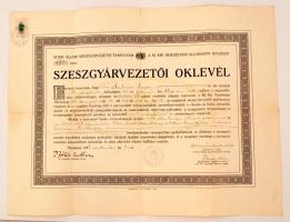 1941 Szeszgyárvezetői oklevél. A hajtások mentén kis sérülésekkel. 50x38 cm.