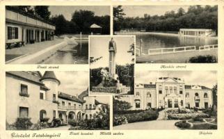 Tatabánya, Hősök szobra, Tiszti kaszinó és strand, népház, Munkács strand (EK)