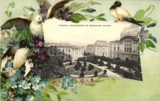 Szeged, Kaszinó, Kereskedelmi és Iparkamara, színház, madarak, floral litho, kiadja Pető Ernő (EK)