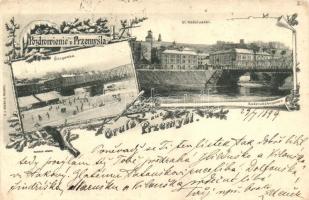 1899 Przemysl, Ul. Kosciuszki, Slizgawka / street, bridge, ice ckaters, winter greeting card (r)