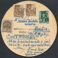 1943 Dreher-Haggenmacher Nagyvárad söralátét, hátoldalán postázott üzenettel