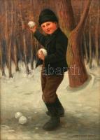 Peske Géza, (1859-1934): Hógolyózó fiú. Olaj, vászon, jelzett, keretben, 70×50 cm