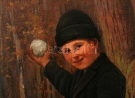 Peske Géza, (1859-1934): Hógolyózó fiú. Olaj, vászon, jelzett, keretben, 70×50 cm