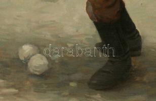 Peske Géza, (1859-1934): Hógolyózó fiú. Olaj, vászon, jelzett, keretben, 70×50 cm