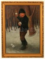 Peske Géza, (1859-1934): Hógolyózó fiú. Olaj, vászon, jelzett, keretben, 70×50 cm