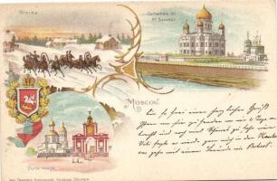 Moscow, Troika, Cathedrale di St. Sauveur, Porte rouge / troika, cathedral, gate, coat of arms, Art Nouveau litho (EK)