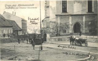 Nagyszeben, Hermannstadt, Sibiu; Reisper utca, templom, villamos / Reispergasse, Ursuliner Klosterkirche / street, church, tram