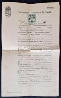 1899 Házassági anyakönyvi kivonat postai segédellenőr részére, okmánybélyegekkel