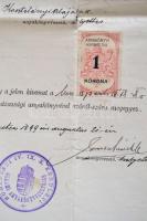 1899 Házassági anyakönyvi kivonat postai segédellenőr részére, okmánybélyegekkel