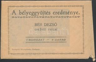 1924 A bélyeggyűjtés eredménye, Bér Dezső rajzai, a. sorozat - 4 db, Budapesti Bélyegtőzsde kiadása, eredeti borítékjában, 9x14 cm