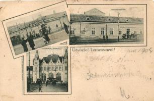 Temesvár, Timisoara; Korona szálloda, Józsefvárosi indóház, vasútállomás, Haunold János szálloda; J. E. von Steegmüller / hotels, railway station