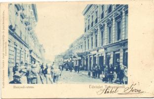 Temesvár, Timisoara; Hunyadi utca, Csendes Jakab üzlete és saját kiadása / street, shops (EK)