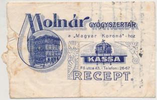 cca 1920-30 Molnár Gyógyszertár a "Magyar Koroná"-hoz Kassán; recept boríték, kissé viseltes állapotban, 7x11cm