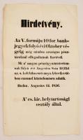 1856 Hirdetmény A cs. kir. helytartosági osztály által az V. formáju 10 for. bankjegyek az országos pénztároknál elfogadtatnak fizetésül, 39x22cm