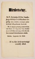 1856 Hirdetmény A' cs. kir. helytartosági osztály által az V. formáju 10 for. bankjegyek az országos pénztároknál elfogadtatnak fizetésül, 39x22cm