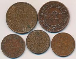 Holland-Kelet India 1856. 2 1/2c Cu + 1914. 1c Br + 1916. 1c Br + 1920. 1c Br + 1945P 2 1/2c Br T:2-...