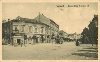 Temesvár, Timisoara; Józsefváros, Hunyadi utca, villamos, Keppich Adolf és Simon László üzlete / street, tram, shops